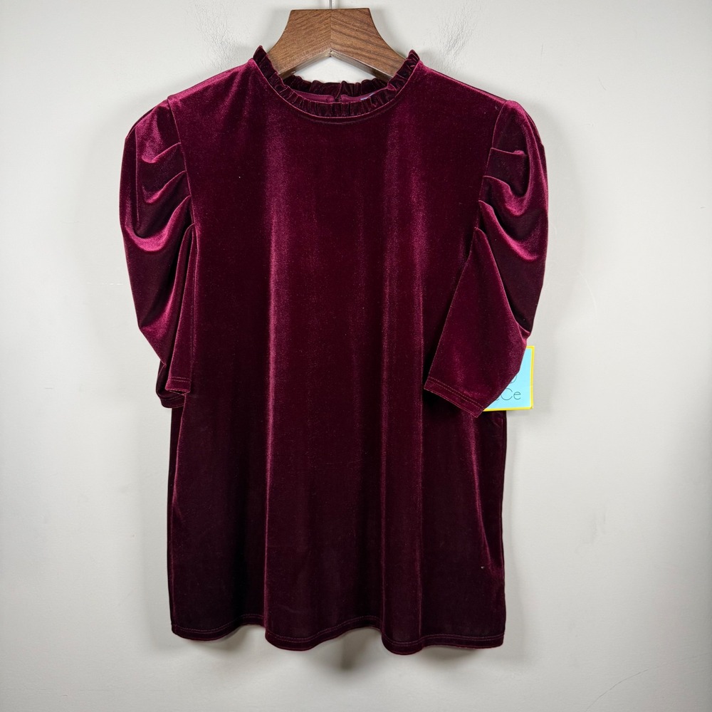CeCe Burgundy Ruffle Mock Neck Velvet Gathered Puff Sleeve Blouse XL NWT
